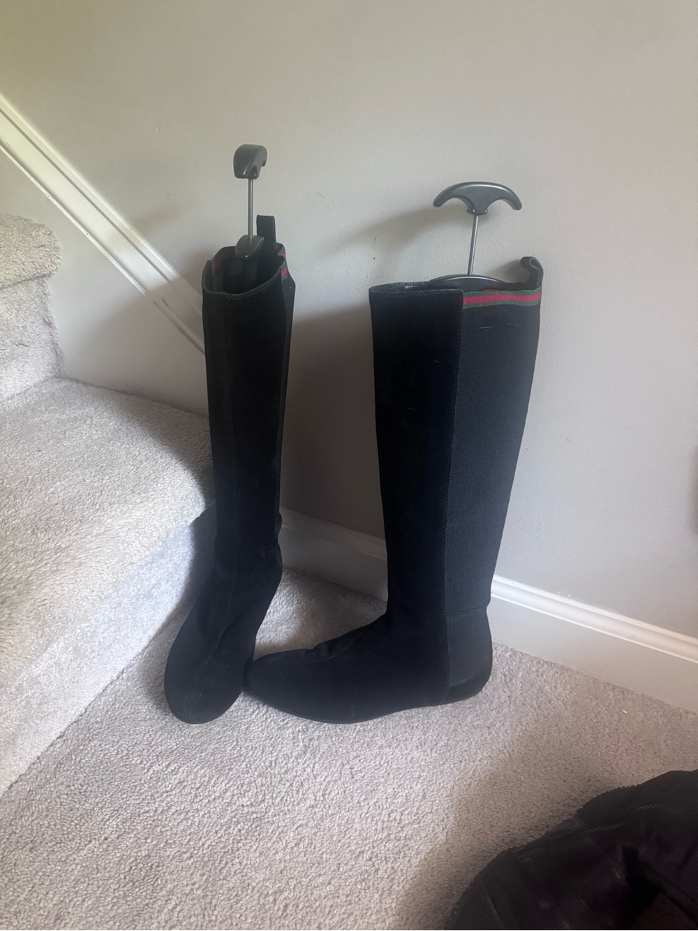 Gucci women’s Black Tall Riding Boots with Subtle Red-Green Trim